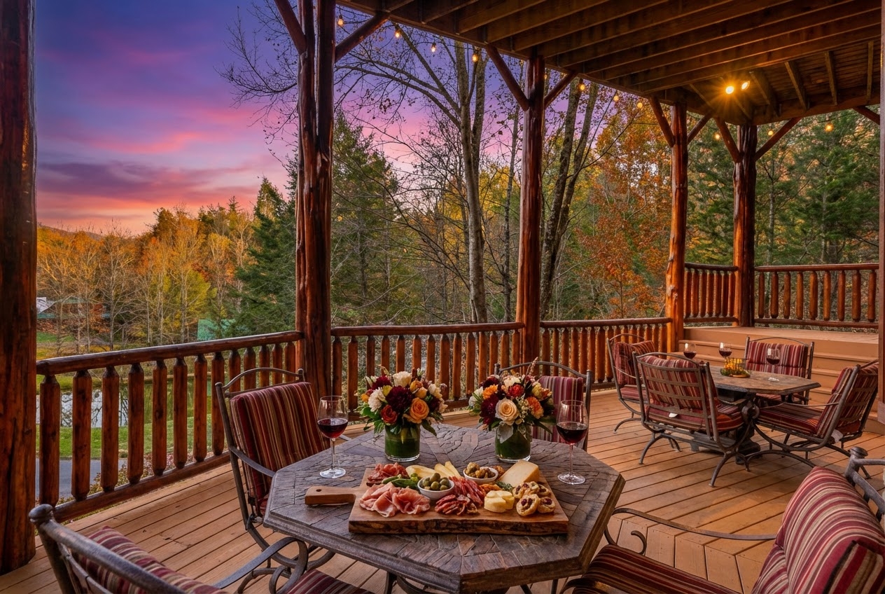 The covered deck at Waters Edge Lodge, a Travel DRD cabin at Cedar Falls Resort in Pigeon Forge, Tennessee, set for dinner at sunset